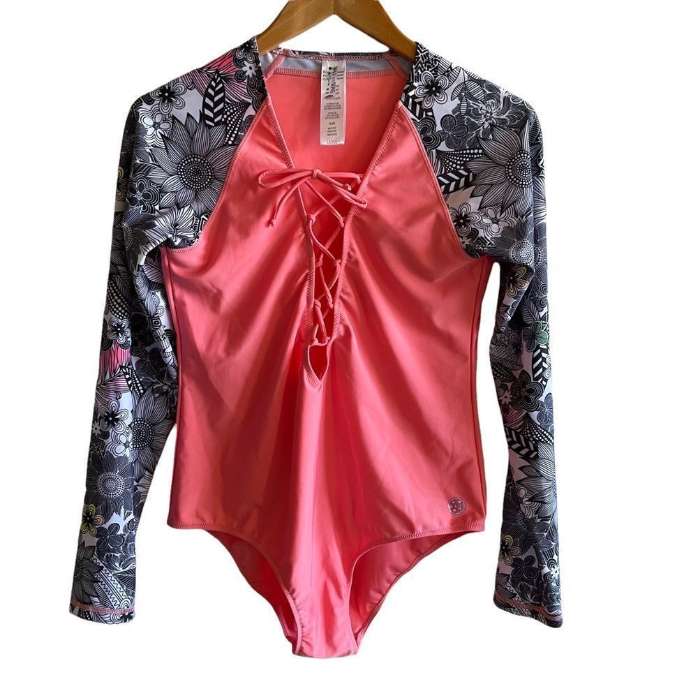 Maui and Sons ~ Lace up ~ Long sleeved rash guard swimsuit ~ size Large